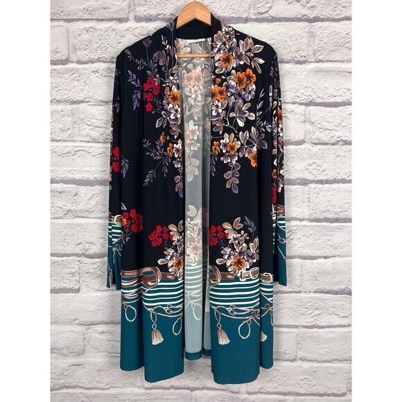 Susan Graver Womens M Liquid Knit Floral Equestrian Artsy Eclectic Open Duster - Picture 3 of 12